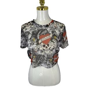 ED HARDY Mesh Top XL Tattoo Sheer Cropped Y2K Skater Goth‎ Whimsigoth Stretch